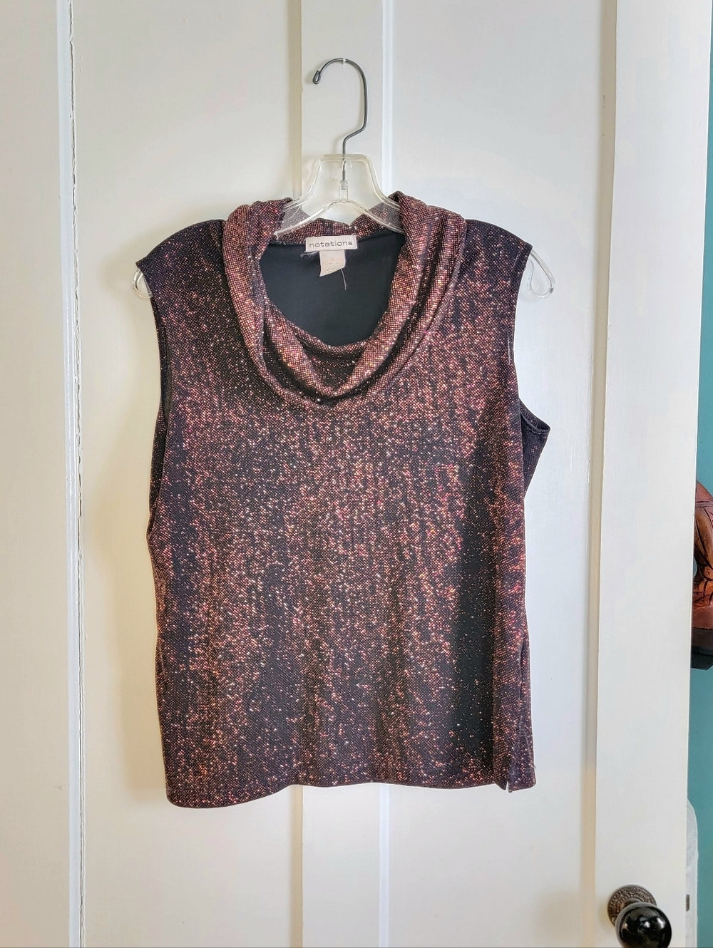 Notations Black Copper Metallic Glitter Cowl Neck Sleeveless Top Size M Party